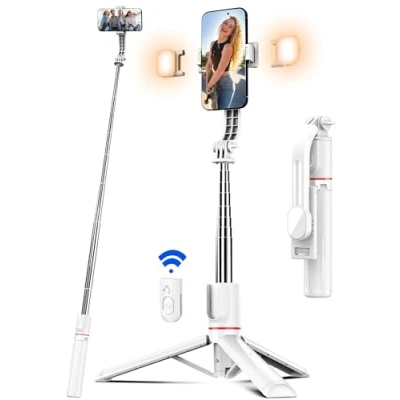 Abbildung von Selfie Stick Stativ mit 2 Fülllicht, 115cm Verbessertem Stabil Handy Abnehmbarer Fernbedienung, für Smartphone, Erweiterbar Stange Kompatibel iPhone und Android