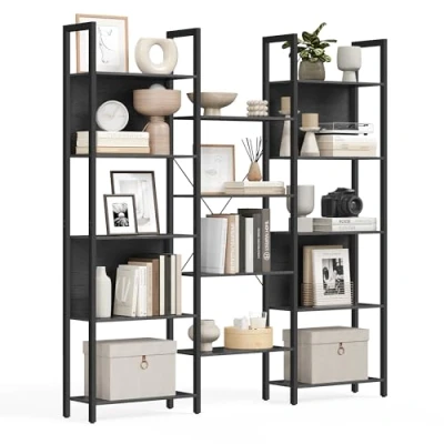 Abbildung von VASAGLE Bücherregal, Standregal mit 14 Ablagen, Regal Metallrahmen, für Wohnzimmer, Arbeitszimmer, Büro, Industrie Design, 24 x 158 166 cm, ebenholzschwarz tintenschwarz LLS107B56