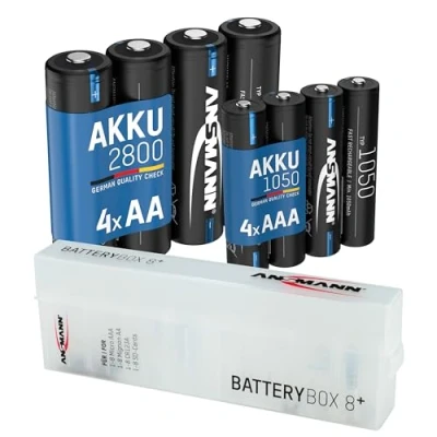 Abbildung von Ansmann 4X Akku AA Typ 2800mAh (min. 2650mAh) + AAA 1050mAh Akkubox NiMH 1,2V Batterien wiederaufladbar, hohe Kapazität für hohen Strombedarf 1300 0018 590 Silber