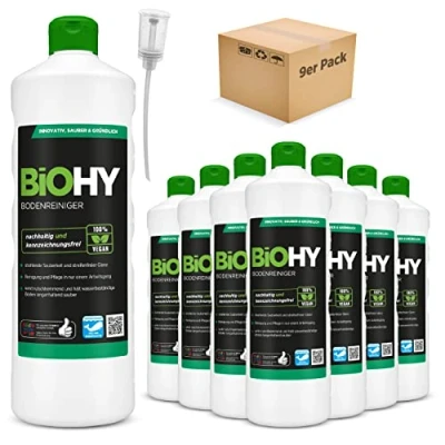 Abbildung von BiOHY Bodenreiniger (9 x 1 Liter) + Dosierer Konzentrat für alle Reinigungsgeräte und Hartböden angenehmer Geruch streifenfreie Reinigung ideal Laminat, PVC &amp; Stein Bio