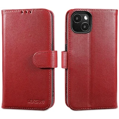 Abbildung von LENSUN Echtleder Hülle für iPhone 13 5G, Handyhülle Echt Leder [Magnetverschluss] RFID Handytasche Lederhülle Klappbar Flip Cover Kompatibel mit Weinrot