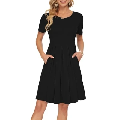 Abbildung von AUSELILY Freizeitkleider Damen Schwarz M Kurzarm Plissee Loose Swing Freizeitkleid mit Taschen Knielang S