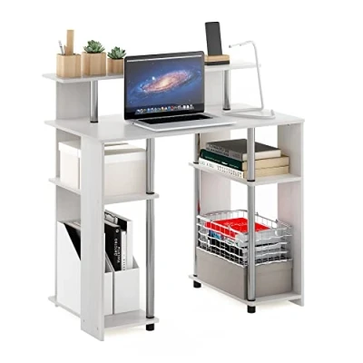Abbildung von Furinno Jaya Computerschreibtisch im schlichten Design, Weiße Eiche, Edelstahlrohre