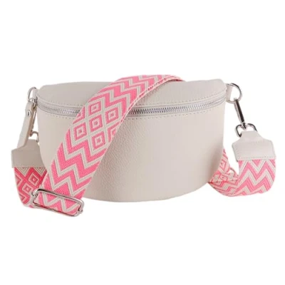 Abbildung von MIRROSI® Bauchtasche Damen, Echtleder, Made in Italy, Umhängetasche, Brusttasche, Crossbody Bag (1 Tasche &amp; 2 Gurte) (Beige(Bohemian NEO PINK), Mittelgroße (25x16x7cm))