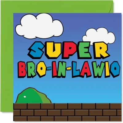 Abbildung von Stuff4 Geburtstagskarten für Schwager Super Bro in Lawio lustige Happy Birthday Karte Bruder von Schwägerschwester, 145 mm x mm, Videospiel Grußkarten