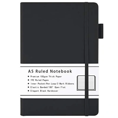 Abbildung von Beinushor A5 Notizbuch Liniert, mit Hardcover Ausgekleidetes Journal Dickem Premium 100GSM Papier, 192 Seiten, Innentasche, Stiftschlaufe, Gummiband, Kunstlederbezug, 14,5 x 21,3 cm (Schwarz)