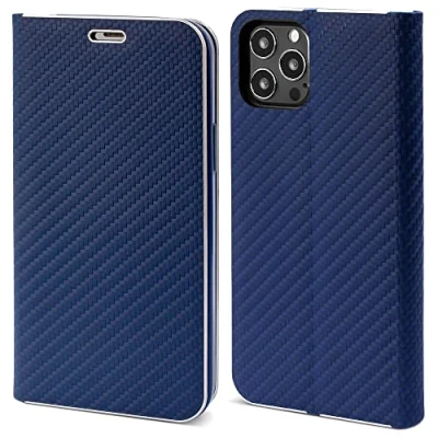 Abbildung von Moozy Hülle für iPhone 13 Pro Max, Dunkelblau Carbon Metallischer Kantenschutz Klapphülle Handyhülle mit Kartenfach und Standfunktion
