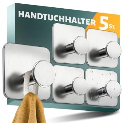 Abbildung von Menz Handtuchhalter ohne Bohren, 5er SET Handtuchhaken Bad Edelstahl mit 3M Spezial Klebe Pads Moderne Klebehaken ideal als Wandhaken, Haken selbstklebend