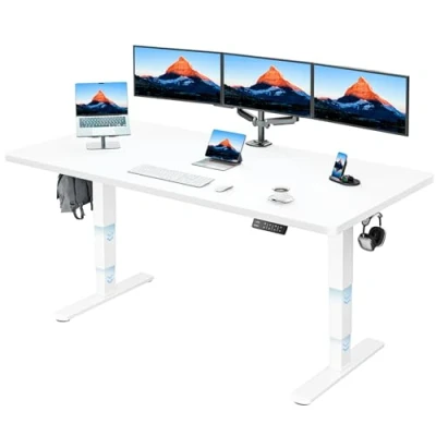 Abbildung von HUANUO Höhenverstellbarer Schreibtisch 3 Stufen Beine180x80cm Ganze Tischplatte,Elektrischer mit 2 starken Motoren,Tisch Höhenverstellbar 4 Speicher Steuerung, Weiß
