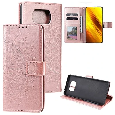 Abbildung von CoverKingz Handyhülle kompatibel mit Xiaomi Poco X3 NFC/Poco Pro Handytasche Kartenfach Klapphülle Case Handy Hülle klappbar Motiv Mandala Rosegold