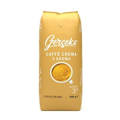 Abbildung von GERCEKS Caffe Crema E Aroma Kaffeebohnen 500g, Barista Kaffee schokoladig und säurearm, Espressobohnen kräftig, Bohnenkaffee mit Arabica Robusta, feine Crema, ideal für Milchkaffee, 1x 500g Pack
