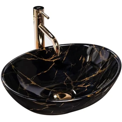 Abbildung von wohnwerk.idee Aufsatzwaschbecken Waschbecken Marmor Schwarz Gold Matt Gäste WC / Bad Sofia 41x34,5cm