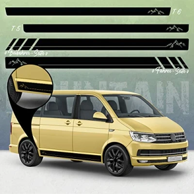 Abbildung von Auto Dress Seiten Streifen Aufkleber Set/Dekor passend für VW T4, T5 &amp; T6 Bus Motiv: Mountain Silhouette Racing mit Strich (111M Black Matt, Langer Radstand)