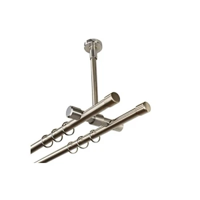 Abbildung von iso design Gardinenstange 2 läufig aus Metall zur Deckenmontage 16 mm, Farbe Edelstahl mit Endstück Kappe, 160 cm