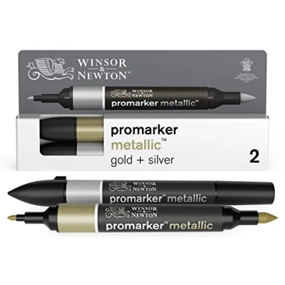 Abbildung von Winsor &amp; Newton 0290150 Metallic Marker, Professioneller Layoutmarker 2 Spitzen, fein und breit für Zeichnungen, Design Layouts 2er Set in Gold Silber