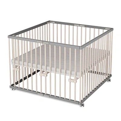 Abbildung von Sämann Laufgitter faltbar 100x100 cm mit Matratze PREMIUM stufenlos höhenverstellbar Laufstall klappbar Baby Buche grau/natur
