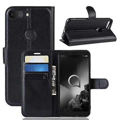 Abbildung von Fertuo Hülle für Alcatel 1S 2019, Handyhülle Leder Flip Case Tasche mit Standfunktion, Kartenfach, Magnetschnalle, Silikon Bumper Schutzhülle Wallet Cover Schwarz