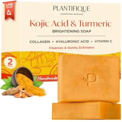 Abbildung von PLANTIFIQUE Kojic Acid Seife gegen Hyperpigmentierung, 2 Stück, 150g, mit Kurkuma, Hyaluronsäure, Kollagen, Vitamin C