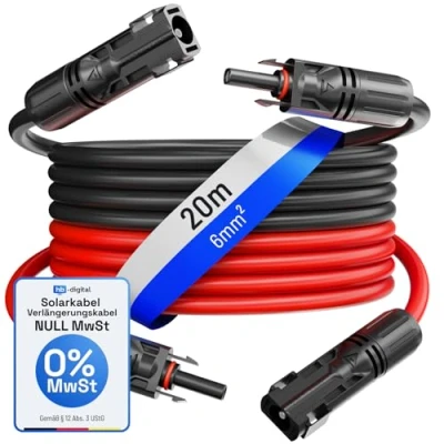 Abbildung von HB DIGITAL 2x 20m 6mm² Solarkabel Verlängerungskabel Kabelpaar für Photovoltaik Anlagen H1Z2Z2 K mit 1500V Stecker IP68 inkl. 0% MwSt. gem. § 12 Abs. 3 UStG Rot &amp; Schwarz