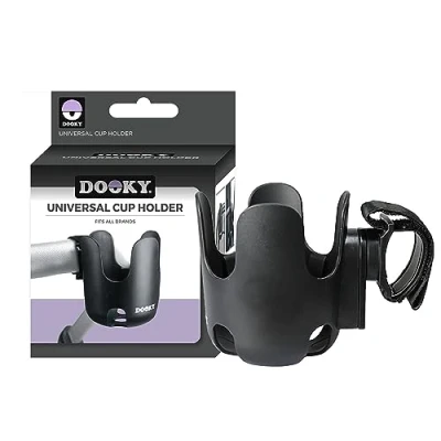 Abbildung von Dooky Getränkehalter für Kinderwagen und Kinderbuggy (universalpassend, verstellbar Klettverschluss, Anti Rutsch Schicht, 360 Flexibilität, verschiedene Größen, BPA frei), Schwarz