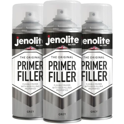 Abbildung von JENOLITE Grundfüller Aerosolfarbe GRAU Flexible Grundierung mit hohen Fülleigenschaften Füllt kleine Dellen und Kratzer für ein glattes Finish 3 x 400 ml