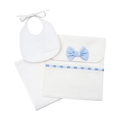 Abbildung von Filet Trageset, Bestehend aus einer Tasche mit Aida Einsatz, Waschlappen und Lätzchen zum Besticken, Geschenkidee für werdende Eltern, 100% Baumwolle, Made in Italy, Weiß Hellblau
