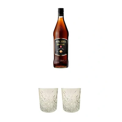 Abbildung von Arehucas Ron Miel Guanche mit Honig Kanarische Inseln Spanien 1,0 Liter + Rum Glas 1 Stück