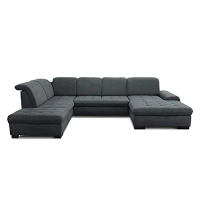 Abbildung von CAVADORE Wohnlandschaft Lexi / Große U Form mit XXL Longchair rechts und Kopfteilverstellung Leichte Fleckenentfernung dank Soft Clean 329 x 82 99 224 Flachgewebe: Dunkelgrau
