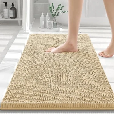 Abbildung von Homaxy rutschfeste Badematte Chenille Badezimmerteppich Mikrofaser Badteppich Saugfähige Hochflor Badvorleger 40 x 60 cm, Beige