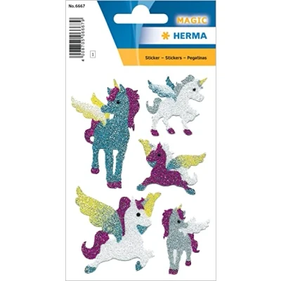 Abbildung von HERMA 6667 Aufkleber Einhorn Glitzer klein groß, 5 Stück, Tiere Sticker mit Flügel Einhörner Motiv, Kinder Etiketten für Fotoalbum Tagebuch Poesiealbum Scrapbooking Geburtstag Deko Briefe DIY Basteln