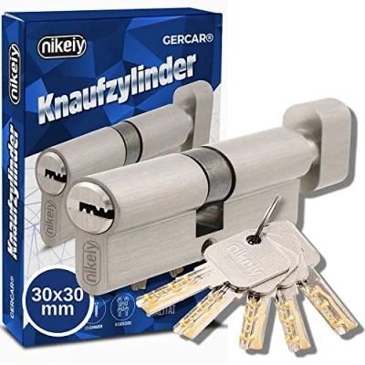 Abbildung von GERCAR Pro Knaufzylinder 30/30 Massiver Schließzylinder mit Knauf Zylinderschloss Türschloss aus Messing Matt Vernickelt inkl. 5 Schlüssel Wendeschlüssel Länge: 60 mm, A:30 B:30 1x