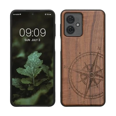 Abbildung von kwmobile Hülle kompatibel mit Motorola Moto G54 5G Holz Case Handy Cover TPU Handyhülle in Dunkelbraun Kompass Vintage