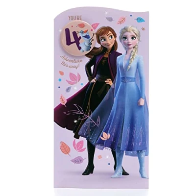 Abbildung von UK Greetings Disney Geburtstagskarte zum 4. Geburtstag für sie/Mädchen mit Umschlag, Motiv: Die Eiskönigin Elsa und Anna