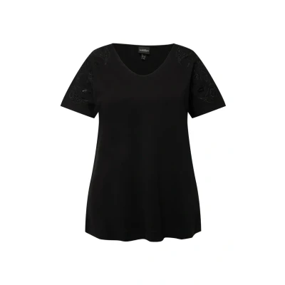 Abbildung von Ulla Popken Paillettenstickerei Vausschnitt Halbarm Tshirt print, Damen, Größe: 42/44, Schwarz