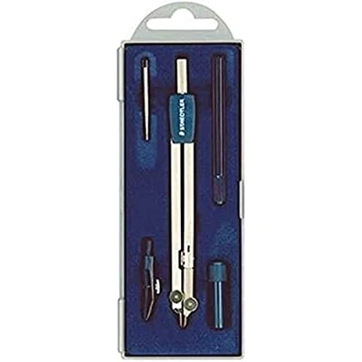 Abbildung von STAEDTLER 559 C05 ST Zirkel Set (exakt und präzise, abknickbarer Bleischenkel Nadelschuh, mit Messingzirkel, Ersatzteildose, Reißfeder Halter 2mm Nadel im Klappetui)
