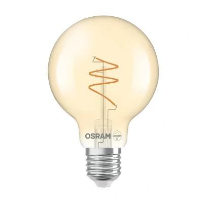 Abbildung von OSRAM Vintage 1906 Globe ist eine warmweiße, dimmbare LED Lampe in Ballform mit spiralförmigem Filament. Sie bietet 4.9 W für 470 lm, E27 Fassung, goldfarbenes Glas, 80 mm Durchmesser, 2200 K.