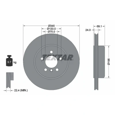 Abbildung von TEXTAR PRO 92253903 Bremsscheibe 345 24 05/06 120 innenbelüftet beschichtet ohne Radbefestigungsbolzen, Radnabe BMW: 5 Touring, Limousine