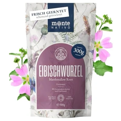 Abbildung von Eibischwurzel Tee Monte Nativo (300g) Marshmallow root schonend getrocknet lose 100% natürlich und ohne Zusatzstoffe Aromatischer Kräutertee für einen köstlichen Aufguss