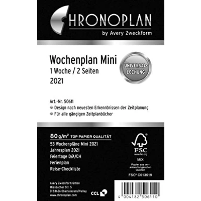 Abbildung von Chronoplan 50611 Kalendereinlage 2021, Wochenplan Mini in Zeilen (79x125mm), Ersatzkalendarium, ideal für detaillierte Wochenplanung, Universallochung (1 Woche auf 2 Seiten), weiß