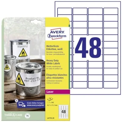 Abbildung von Avery L4778 20 960x Ultra Resistente Etiketten 45,7 x 21,2 mm weiß für Laserdrucker