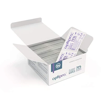 Abbildung von ﻿OptiPro Isopropyltücher mit 70% Alkohol 200 Stück einzeln verpackt Reinigungstücher Einweg Vorinjektionstücher Desinfektionstücher leicht aufreißbare Verpackung Allzwecktücher