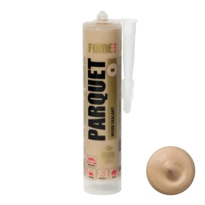 Abbildung von Eichfarbener Premium Dichtstoff für Parkett &amp; Laminat FOME FLEX PARQUET elastisch, langlebig, überstreichbar und lackierfähig. Ideal zum Füllen Reparieren von Fugen Rissen.