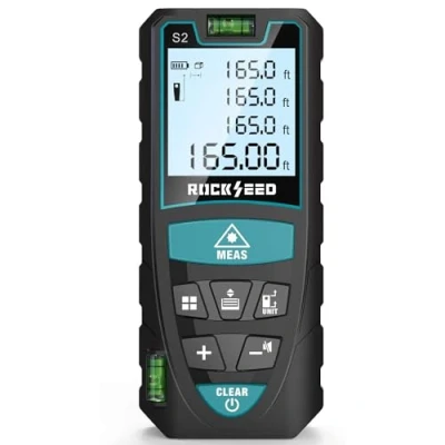 Abbildung von Laser Entferungsmesser 50M,RockSeed Digitaler Lasermessgerät mit 2 Blasenebenen,Tragbarer M/In/Ft Einheit Hintergrundbeleuchtetes LCD zur Messung Entfernung/Fläche/Volumen/Pythagorean