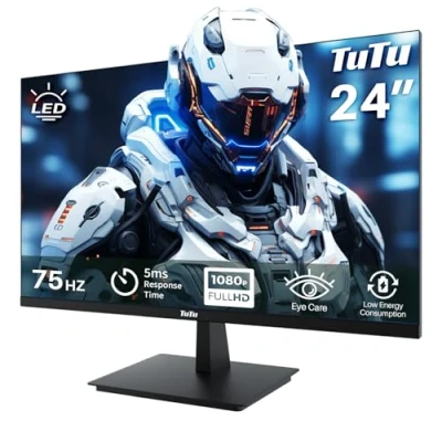 Abbildung von TuTu 24 Zoll Monitor Full HD VA Panel Randlos 75HZ Eye Care (1920 x 1080, VGA HDMI VESA 75 75mm) Flimmerfrei Blaulichtfilter Niedriger Stromverbrauch für PC Büro Schwarz