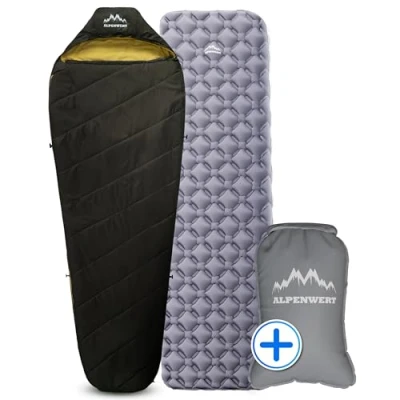 Abbildung von ALPENWERT® Outdoor Schlaf Set Schlafsack + Isomatte Ultraleicht Pumpsack 7,5L Aufblasbare Luftmatratze Kompressionssack für Camping, Wandern &amp; Trekking Kompakt Robust