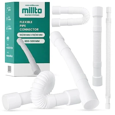 Abbildung von Millto™ Flexibel Abflussrohr 50/40 mm Weiß Polypropylene Anschluss Universelle Verbindung Schlauch Passend für Alle Konfigurationen Verstellbarer