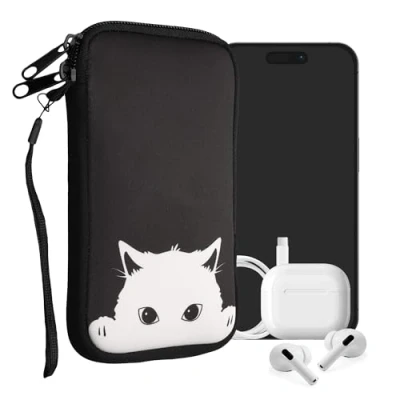 Abbildung von kwmobile Handytasche für Smartphones XXL 7&quot; Neopren Handy Tasche Hülle Cover Case Schutzhülle Neugierige Katze Schwarz Weiß 17,7 x 8,5 cm Innenmaße