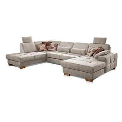 Abbildung von CAVADORE Wohnlandschaft Puccino mit Federkern, Bettfunktion, Bettkasten, Sitztiefenverstellung und 2 Kopfstützen / Sofa in U Form im Landhausstil 340 x 86 224 cm Mikrofaser Creme