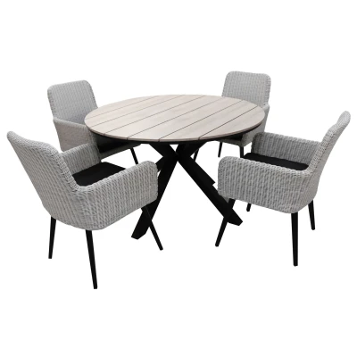 Abbildung von 5 teilige Gartengarnitur rund ø 120 cm, Rattan, Schwarz &amp; Polywood, Grau Pisa / Limasol 4 Jahreszeiten Gartenmöbel