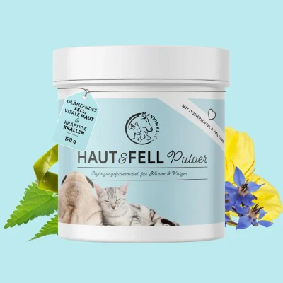 Abbildung von Annimally Haut &amp; Fell Pulver für Hunde und Katzen I Komplex mit Bierhefe, Biotin, Zink, Ölen Spirulina Ideale Ergänzung bei Haarverlust beim Hund, Fellwechsel